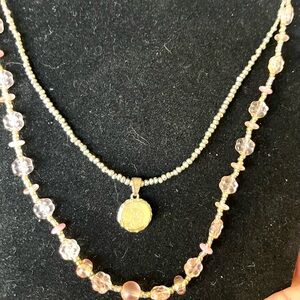 Pink Glass floral necklace and Silvertone druzy Pendant Necklace
